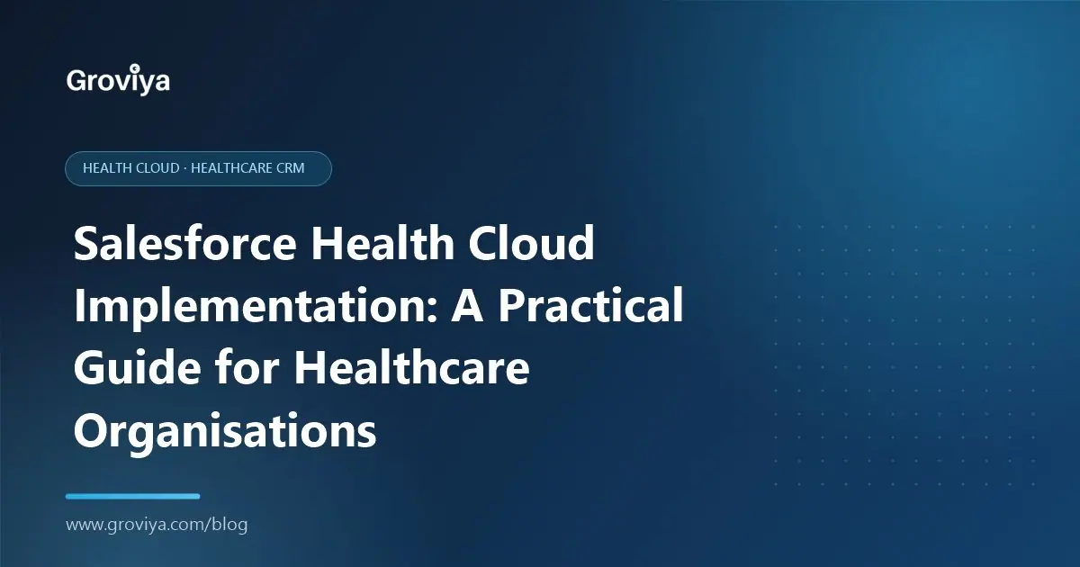 Healthcare CRM illustration showing Salesforce Health Cloud connecting patients, care teams and EHR systems